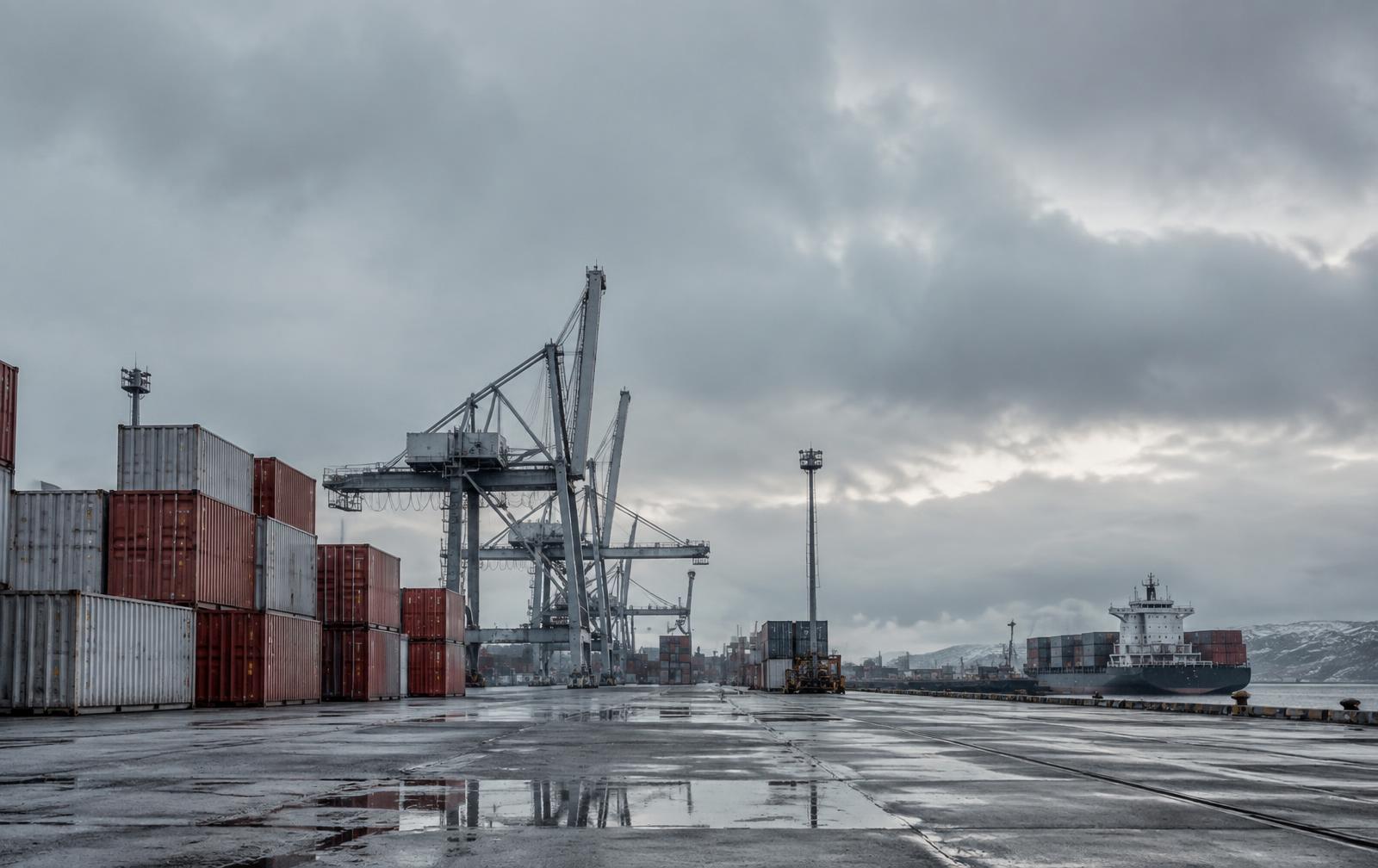 Container terminal on a Nordic quayside under flat morning cloud